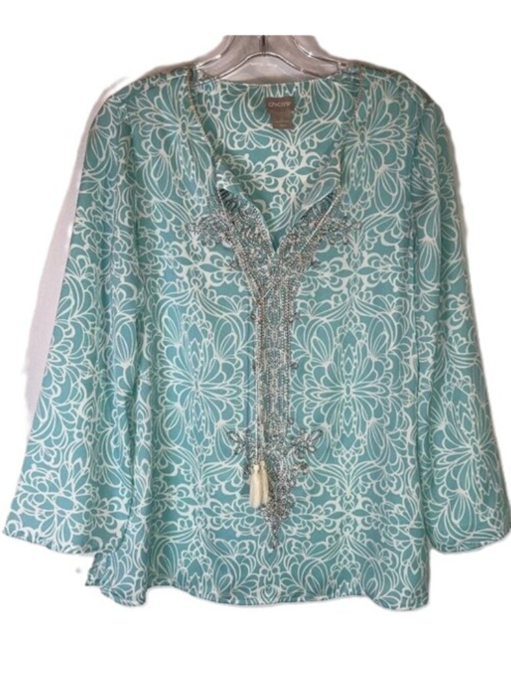 Chico's Blouse Floral Boho Aqua White Metallic Long Sleeves V Neck Size 4 / 6